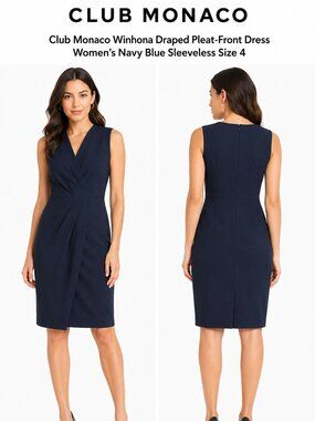 Club Monaco Winhona Pleated Wrap Sheath Dress Women's Navy Sleeveless Size 4